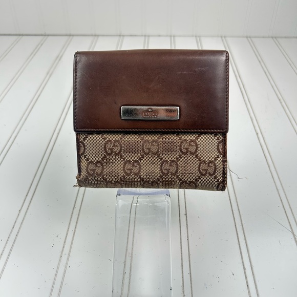 Gucci Vintage Brown Leather Canvas GG Bifold Wallet - Picture 2 of 9
